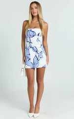 Catharine Mini Dress – Strapless A-Line Dress in Blue Floral Print