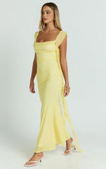 Rosha Butter Maxi – Ruched Ruffle Strap Gown in Sunny Yellow