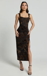 Ruched Corset Burnout Midi Dress in Black and Brown
