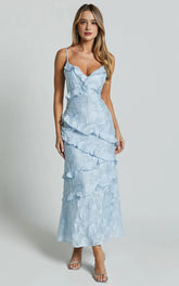 Jacquard Ruffle Tiered Midi Slip Dress in Light Blue
