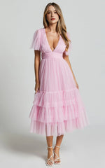 Flutter Sleeve Tulle Plunge Midi Dress in Ballet Pink