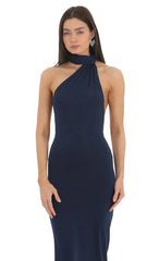 One Shoulder Scarf Strap Maxi Dress in Navy
