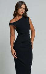 Genie Maxi Dress – Off-Shoulder Figure-Hugging Slip Dress in Black