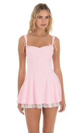 Double Bows Satin Ruffle Dress in Pink