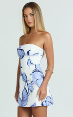 Catharine Mini Dress – Strapless A-Line Dress in Blue Floral Print