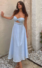 Twist Strapless Cocktail Midi Dress in Ice Blue
