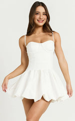 Textured Drop Waist Bubble Hem Mini Dress in Off White