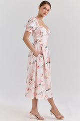 Peach Floral Cotton Puff Sleeve Midi Dress