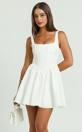 Aimee Scoop Neck Corset Mini Dress – Draped White Elegance