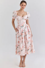 Peach Floral Cotton Puff Sleeve Midi Dress