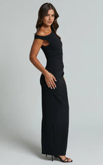 Genie Maxi Dress – Off-Shoulder Figure-Hugging Slip Dress in Black