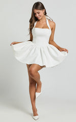 Helda Mini Dress – Halter Tie-Neck Corset Detail Dress in White