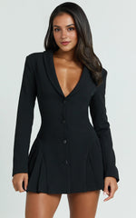 Bea Mini Dress – Elegant Collared Fit-and-Flare Pleated Dress with Long Sleeves in Classic Black
