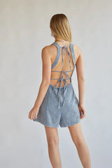 Corey Light Wash Denim Open Back Romper
