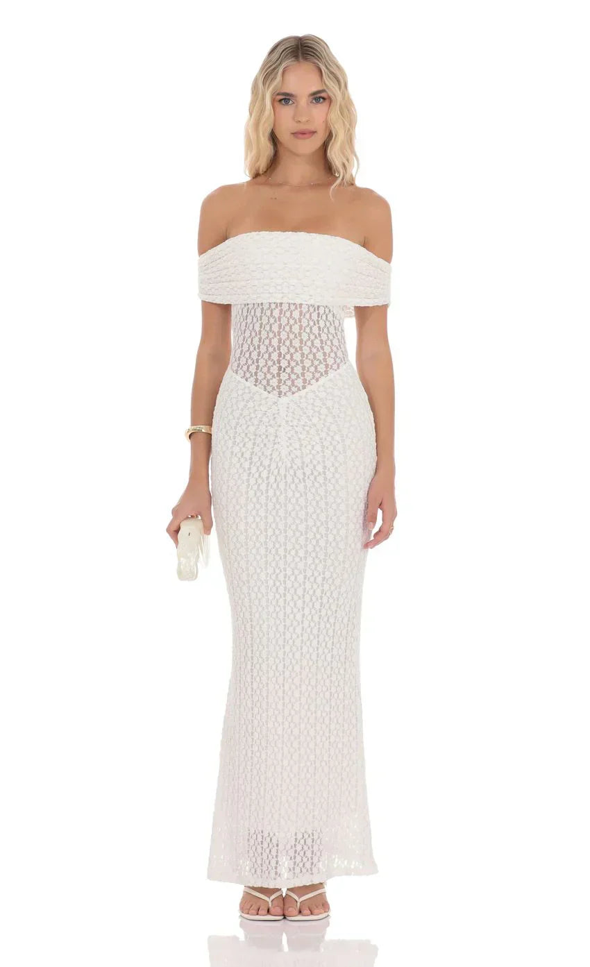 Off Shoulder Lace Bodycon Maxi Dress in White