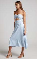 Twist Strapless Cocktail Midi Dress in Ice Blue
