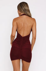 Counting My Cheques Halter Mini Dress Burgundy