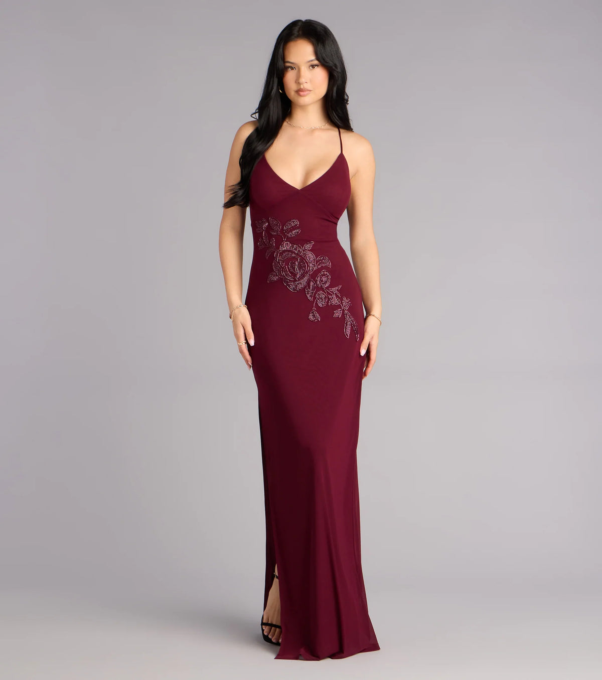 Adriane Beaded Floral Lace-Up Formal Dress