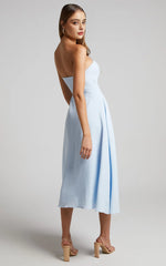 Twist Strapless Cocktail Midi Dress in Ice Blue
