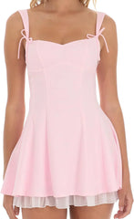 Double Bows Satin Ruffle Dress in Pink
