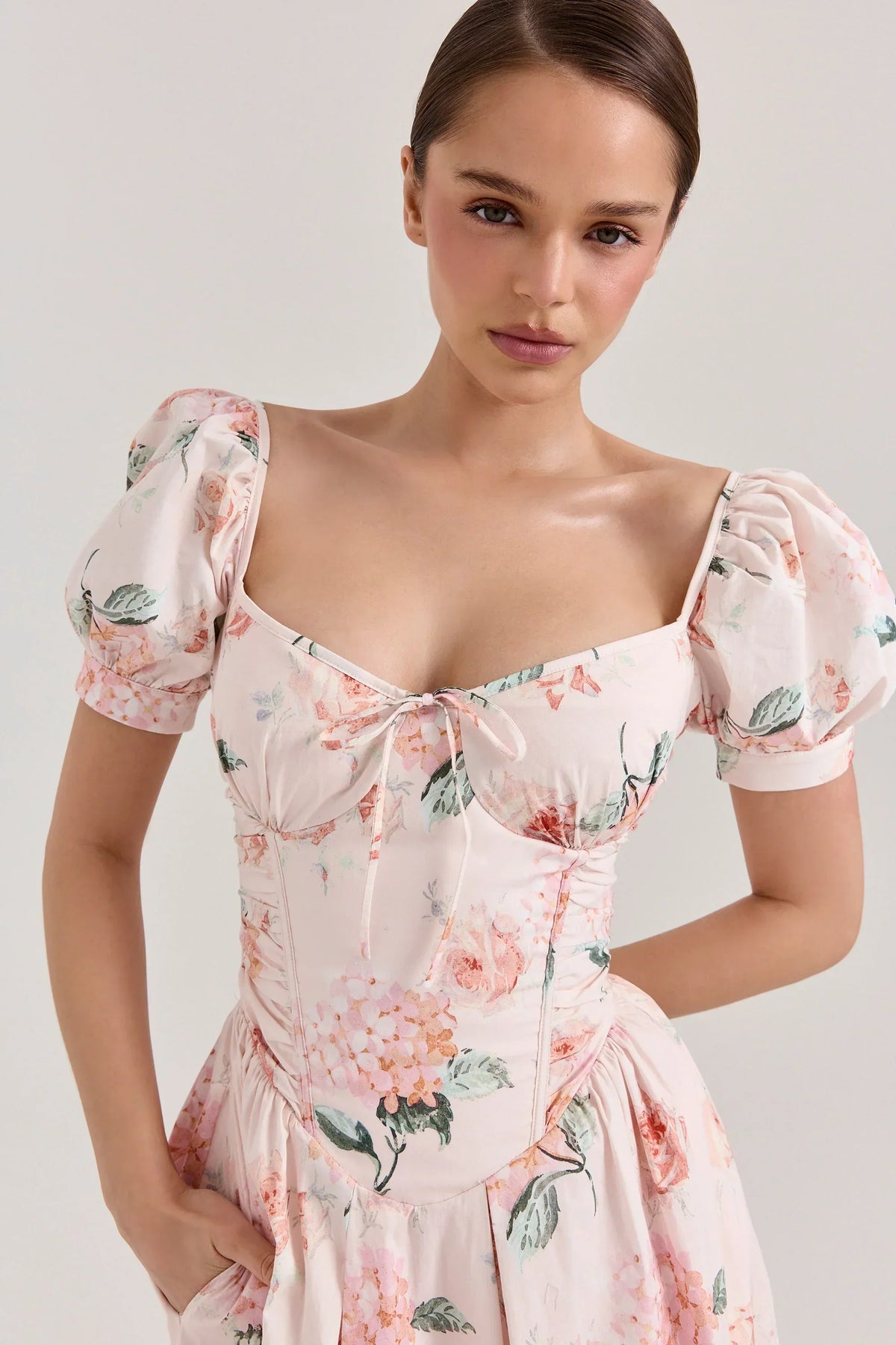 Peach Floral Cotton Puff Sleeve Midi Dress