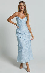 Jacquard Ruffle Tiered Midi Slip Dress in Light Blue