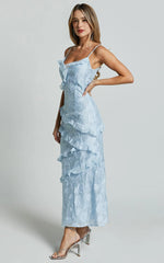 Jacquard Ruffle Tiered Midi Slip Dress in Light Blue