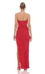 Mesh Ruffle Strapless Maxi Dress in Red