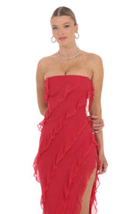Mesh Ruffle Strapless Maxi Dress in Red