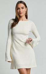 Flared Long Sleeve A-Line Mini Dress in Off White