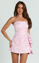 Laila Mini Dress – Pink Jacquard Strapless A-Line Party Dress