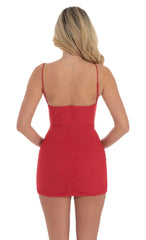 Mesh Ruched V-Neck Bodycon Dress in Red