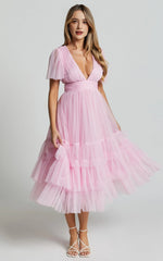 Flutter Sleeve Tulle Plunge Midi Dress in Ballet Pink