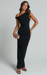 Genie Maxi Dress – Off-Shoulder Figure-Hugging Slip Dress in Black