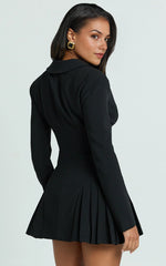 Bea Mini Dress – Elegant Collared Fit-and-Flare Pleated Dress with Long Sleeves in Classic Black