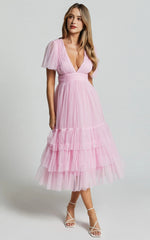 Flutter Sleeve Tulle Plunge Midi Dress in Ballet Pink