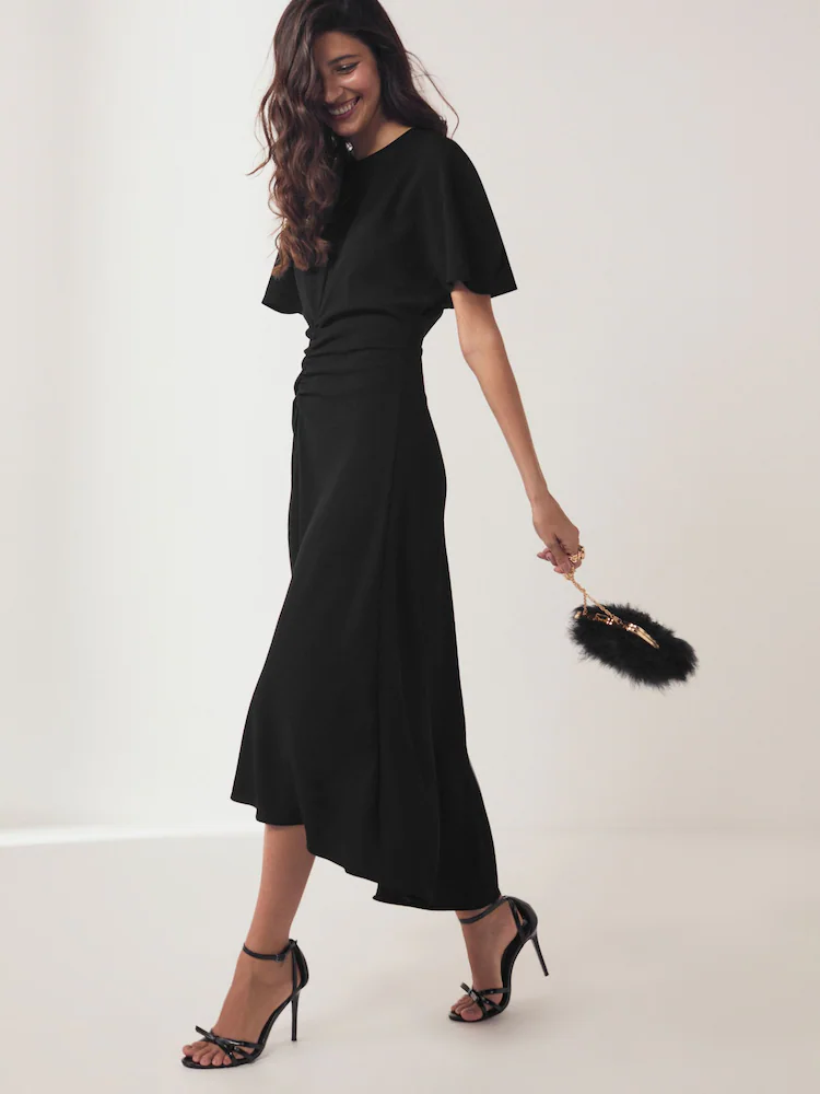 Black Short Sleeve Ruched Midi Dress