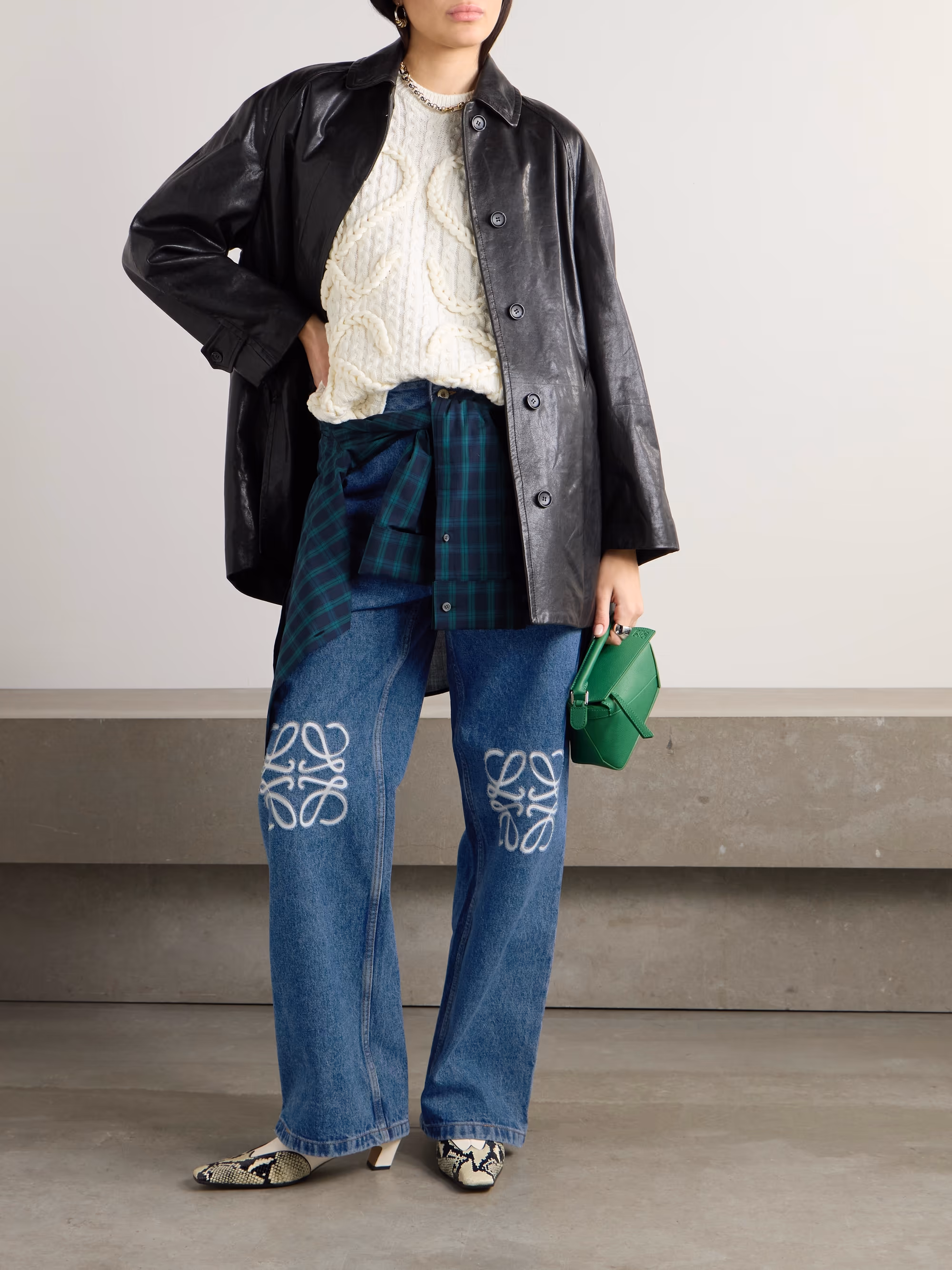 Anagram appliqued high-rise wide-leg jeans