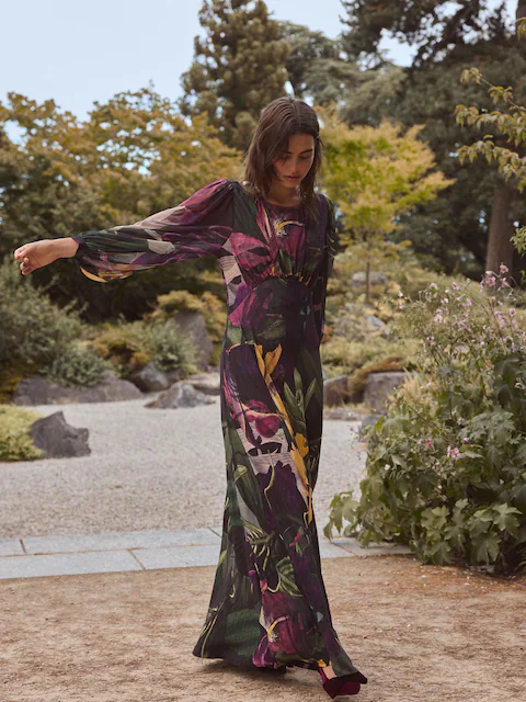 Black Floral Print Kew Collection Long Sleeve Maxi Dress