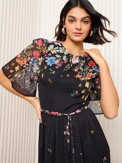 Friends Like These Black Floral Chiffon Dobby Midi Dress