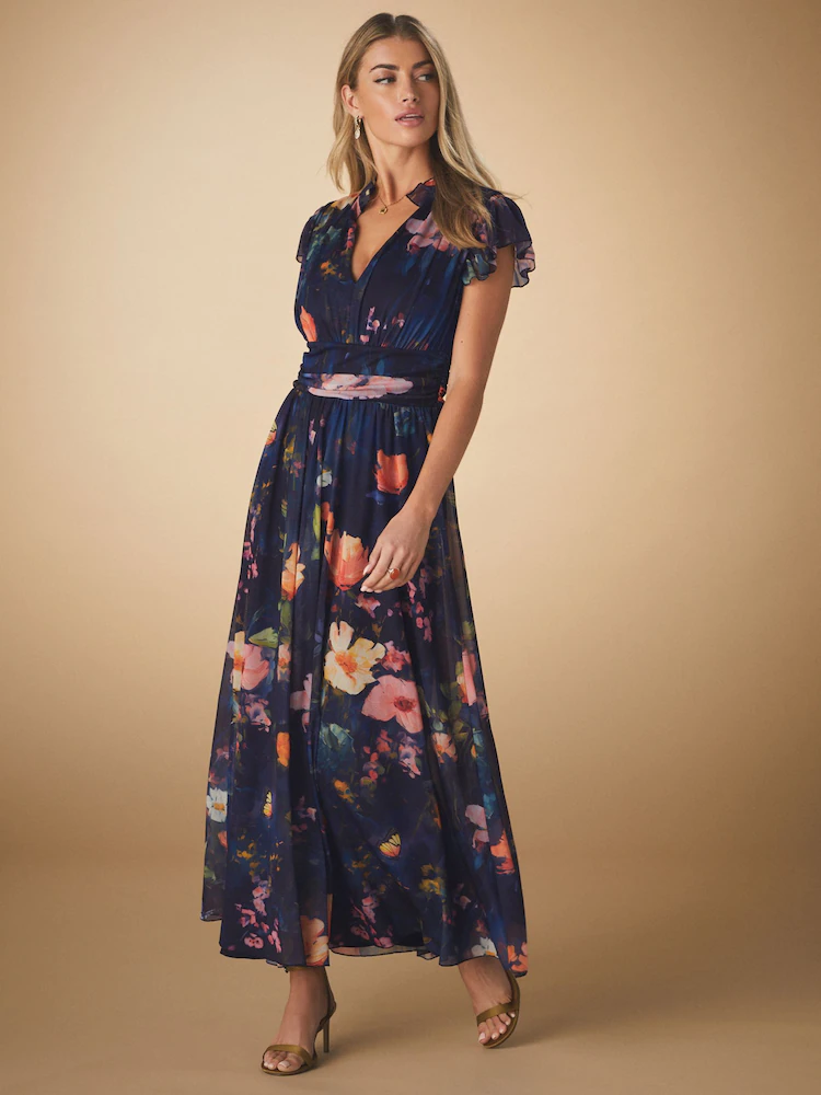 Navy Blue Floral Pleated Mesh Print V-Neck Occasion Midi Dress