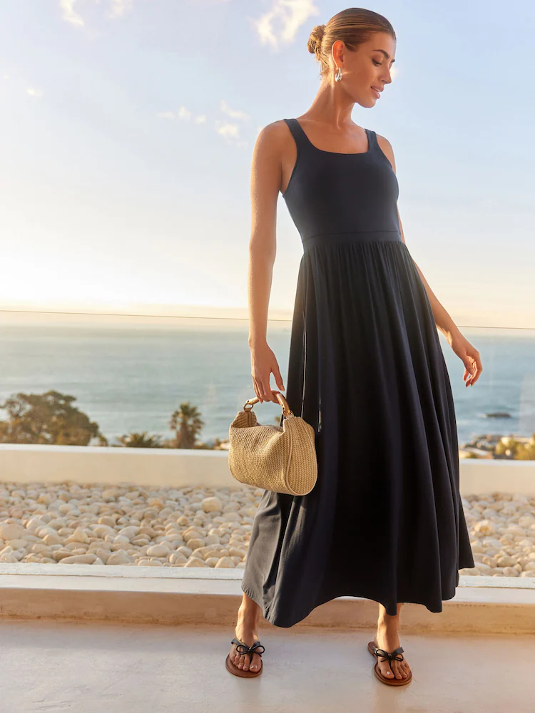 Navy Jersey Waisted Summer Dress