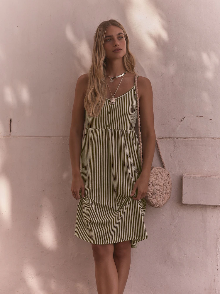 Khaki Green/White Button Down 100% Cotton Cami Summer Dress