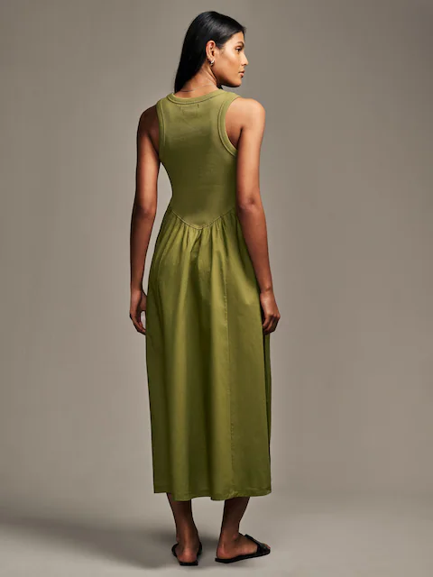 Khaki Green Woven Jersey Mix Sleeveless Racer Ribbed Midi Dress