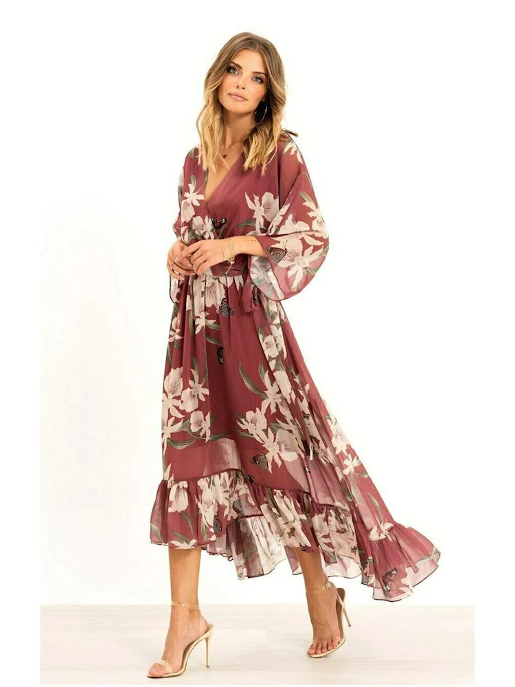 Yumi Rosewood Pink Floral Kimono Sleeves Dip Hem Wrap Midi Dress