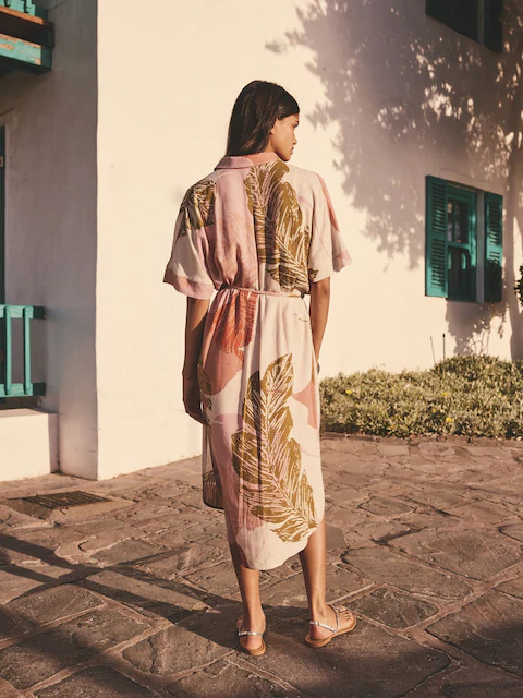 Cream Palm Print Short Sleeve Tie Waist Midi Dress with Linen