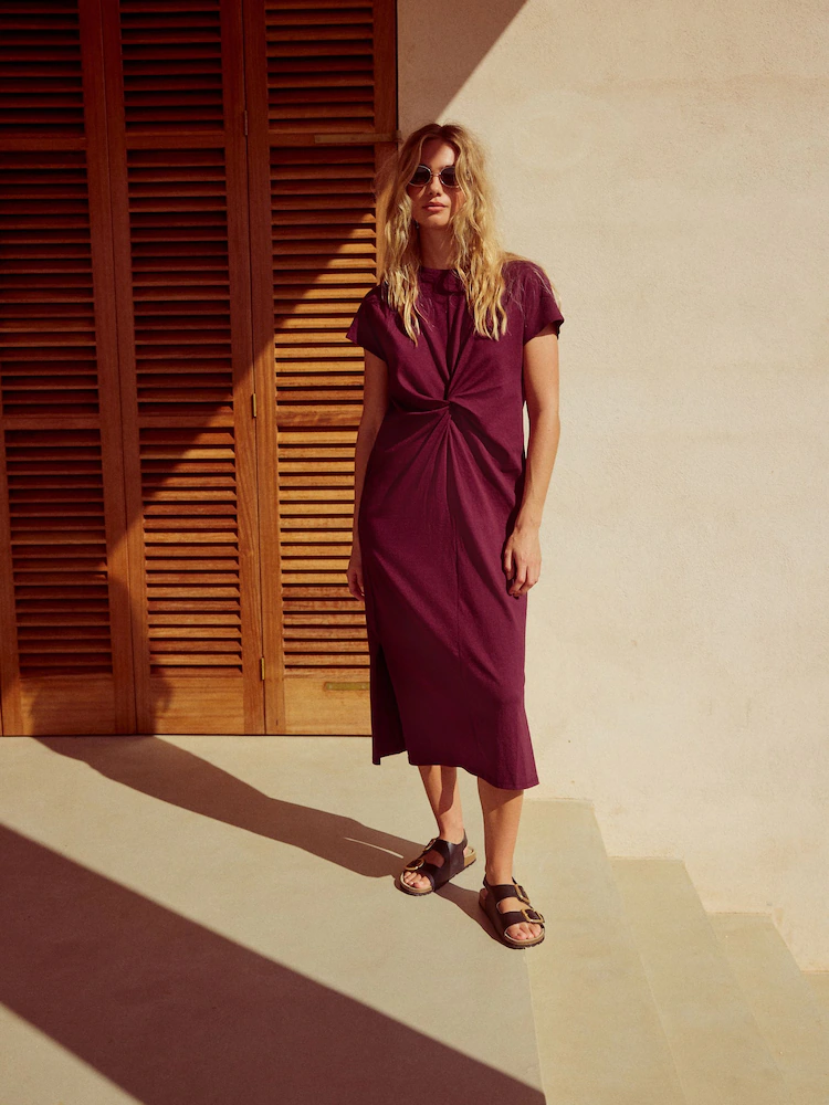 Plum Purple 100% Cotton Twist Short Sleeved T-Shirt Summer Dress