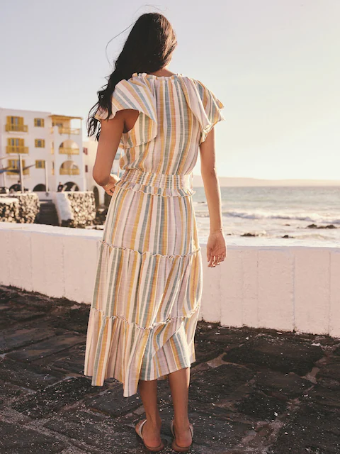 Off White and Blue Stripe Flutter Sleeve Tie Neck Elasticated Waist Tiered Midi Dress