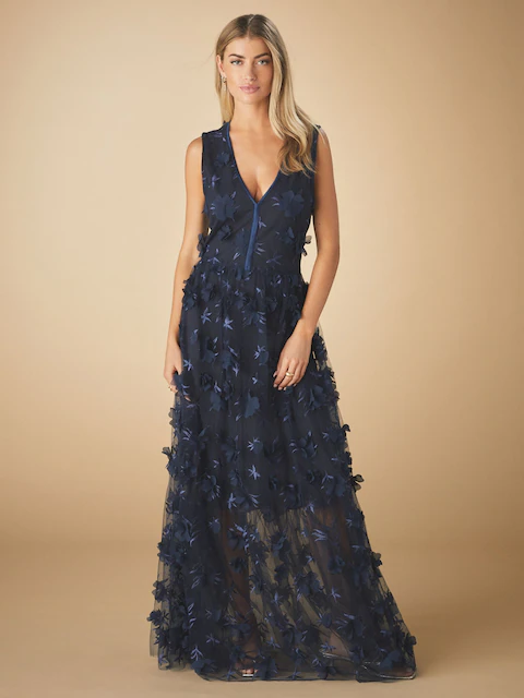 Blue Navy 3D Floral Print Textured V-Neck Maxi Dress