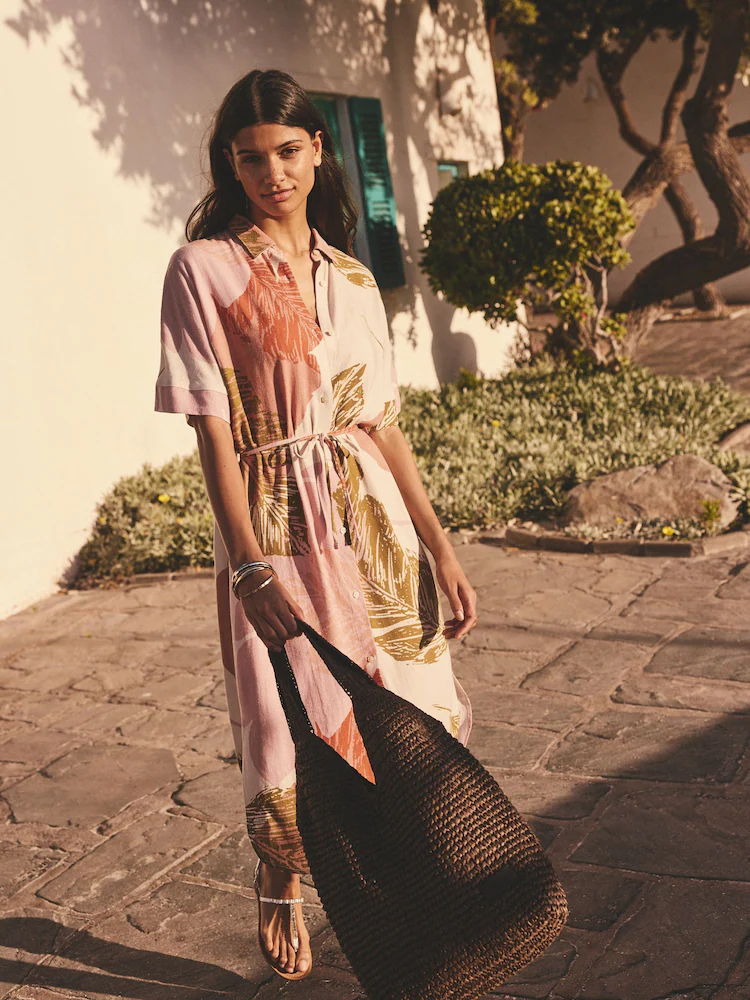 Cream Palm Print Short Sleeve Tie Waist Midi Dress with Linen